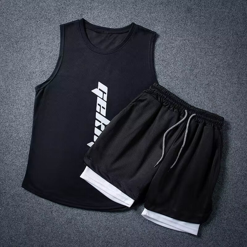 Black and white Speed Men's athletic shorts and sleeveless vest workout outfit
