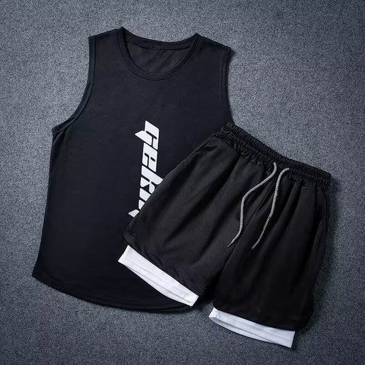 Black and white Speed Men's athletic shorts and sleeveless vest workout outfit