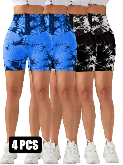 4 Pack-Tie Dye Lifting High Waist Skinny Stretch Gym Shorts