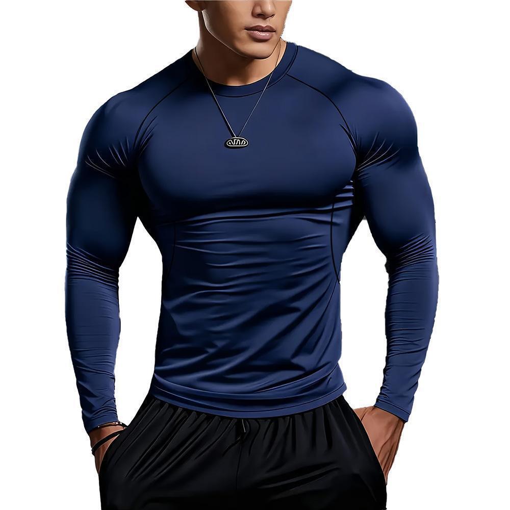 Men’s long-sleeve tight-fitting muscle-fit polyester athletic workout T-shirt in black and gray colors