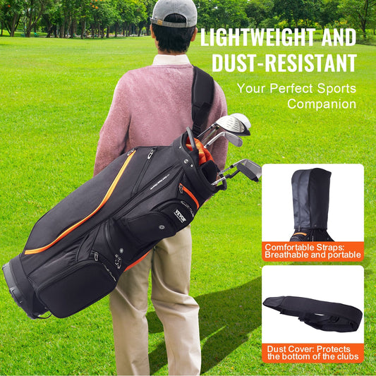 Black and orange golf cart bag with 14-way organizer divider, multiple pockets, and durable waterproof material