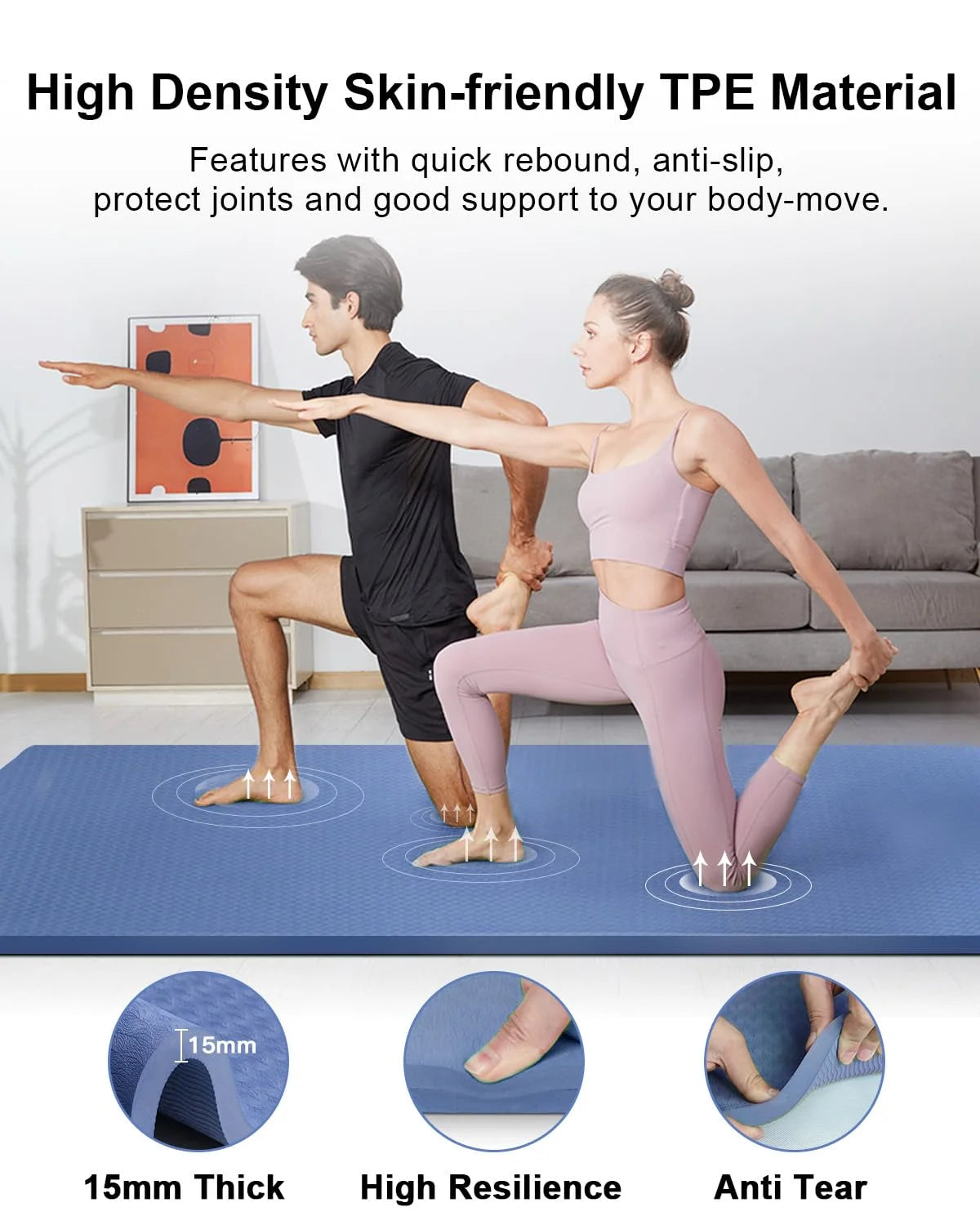 Large Yoga Mat Thick 15MM TPE Non-Slip Exercise Mats for Pilates Fitness Workouts, 78"X51", Blue