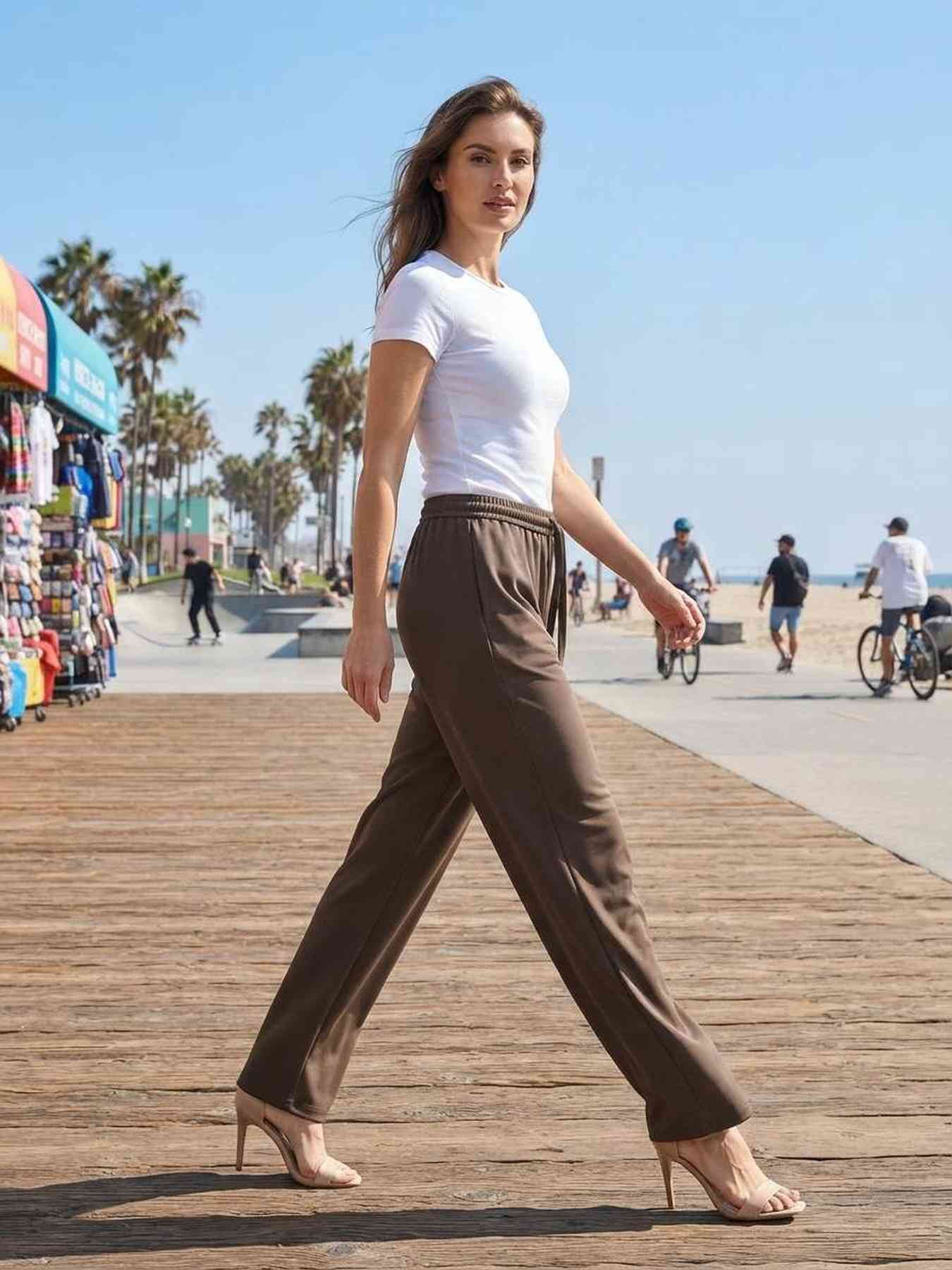 Women wearing ladies long trousers, straight leg casual pants for everyday wear