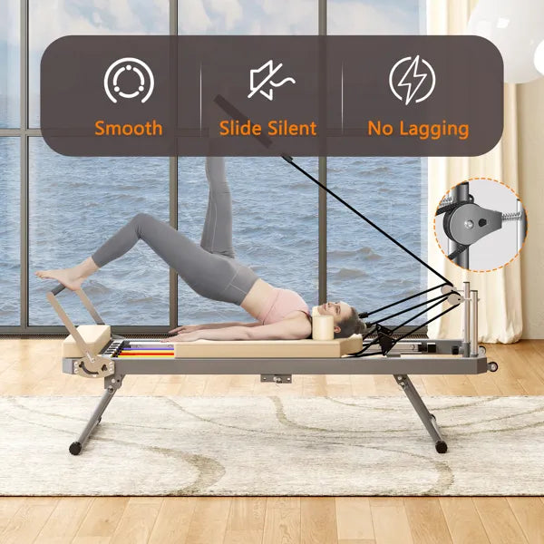 Pilates Reformer Machine For Home Gym Workout, Foldable Pilates Equipment With High Strength Alloy Springs For Beginners, Up To 330lbs,Beige
