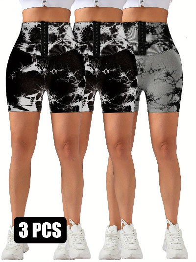 3 Pack-Tie Dye Lifting High Waist Skinny Stretch Gym Shorts
