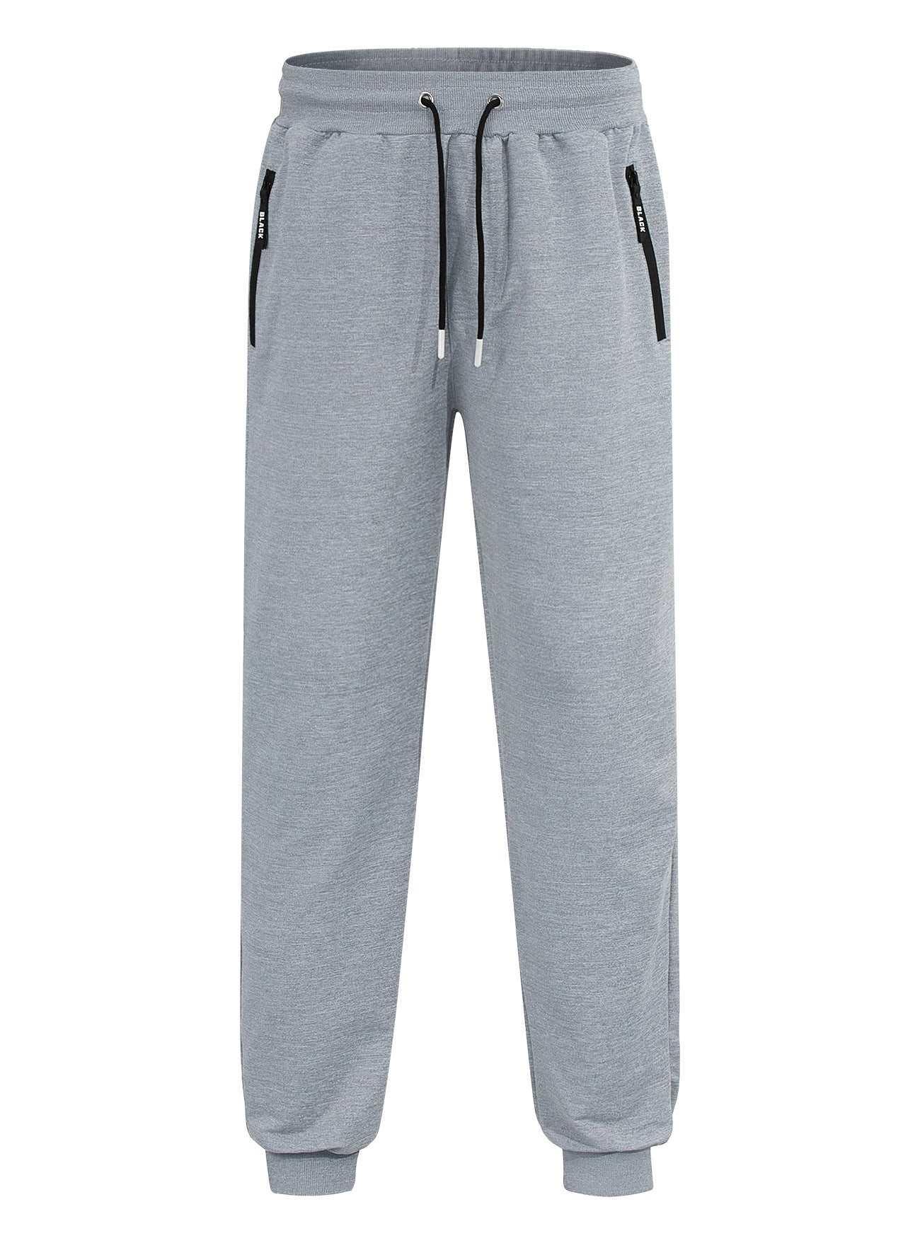 Mens sporty long pants in light heather gray, black, and dark heather gray, full-length casual zip-cuff sweatpants for men