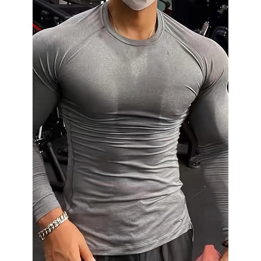 Men's long-sleeve tight-fitting athletic workout T-shirt in black polyester