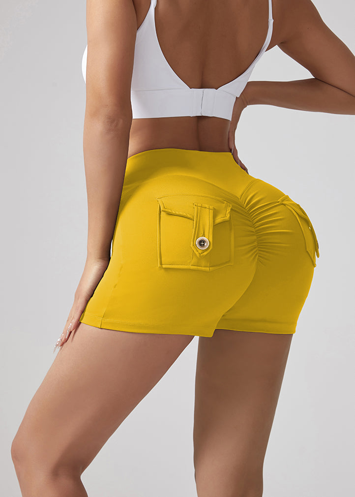 V‑Waist Women’s Workout Shorts – Stretch Pocket Button Peach‑Hip Fit
