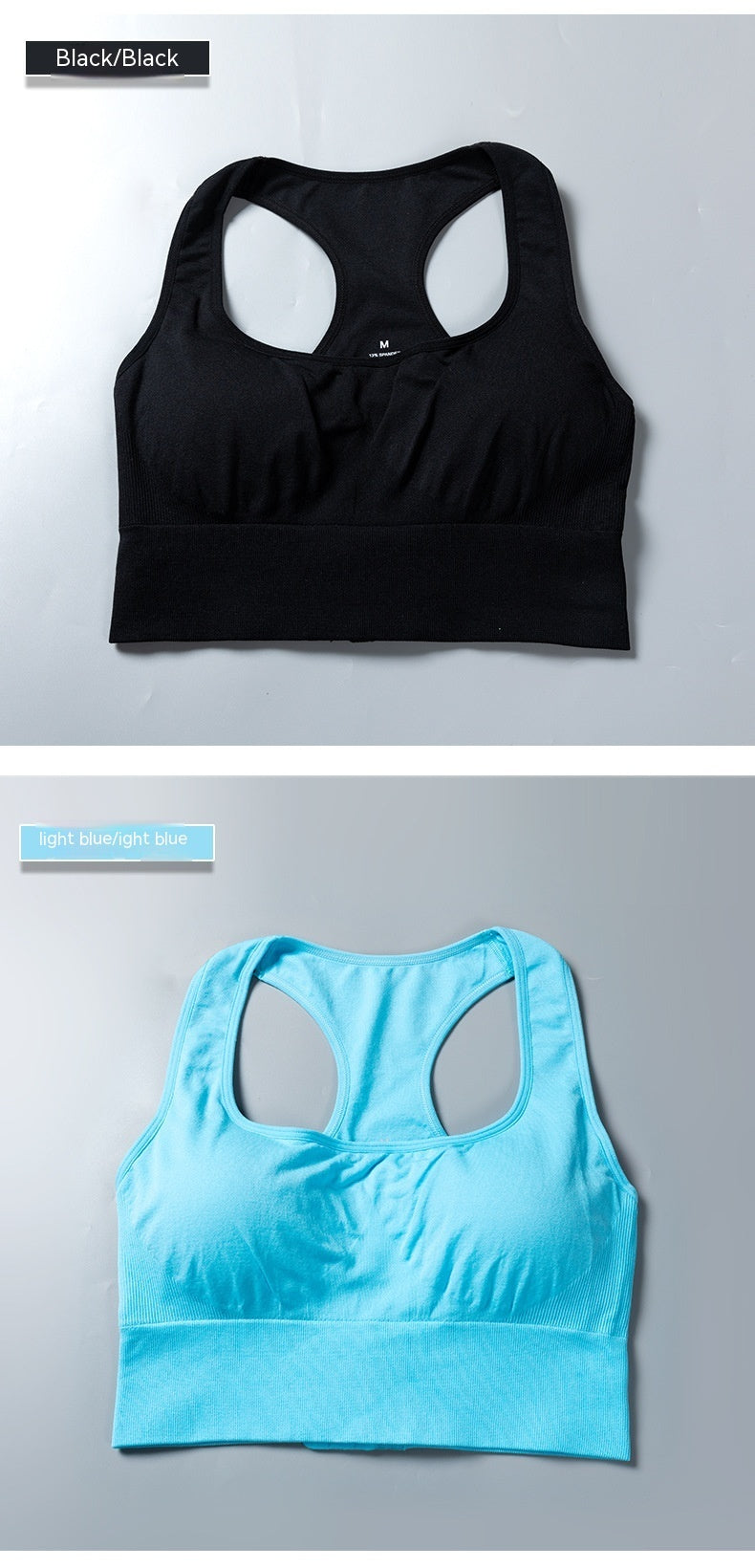 Top view showing black and light blue sports yoga workout bras