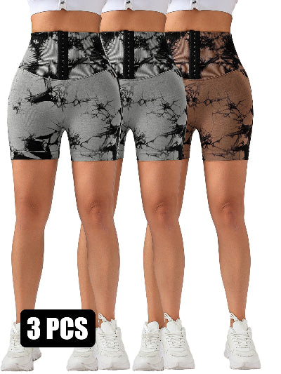 3 Pack-Tie Dye Lifting High Waist Skinny Stretch Gym Shorts