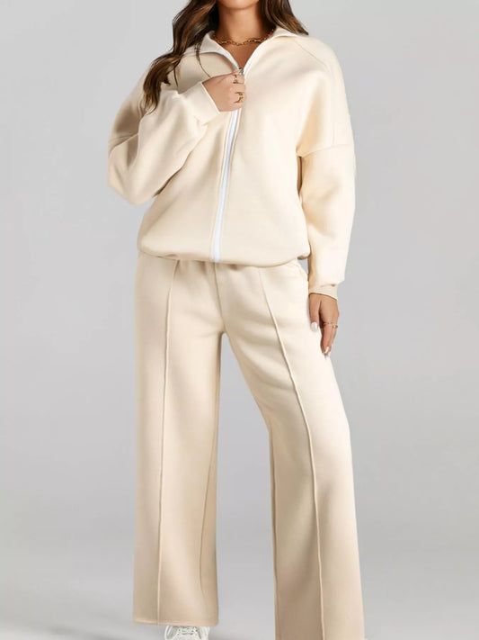 MotionCore Zip-Up Active Set in cream, featuring a relaxed zip-up jacket and matching pants for comfort and style.
