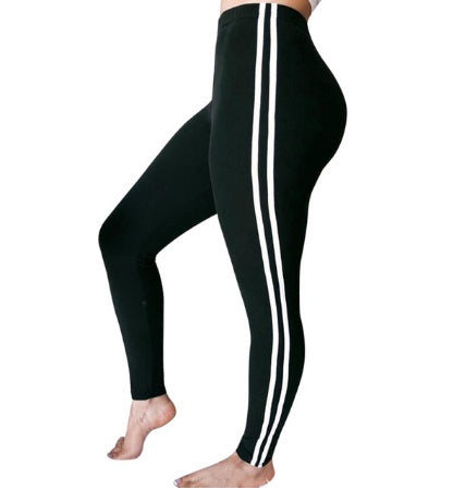 Women's Color-Block Fashion Sport Leggings in Black with White Stripe – Side View | GearrUp