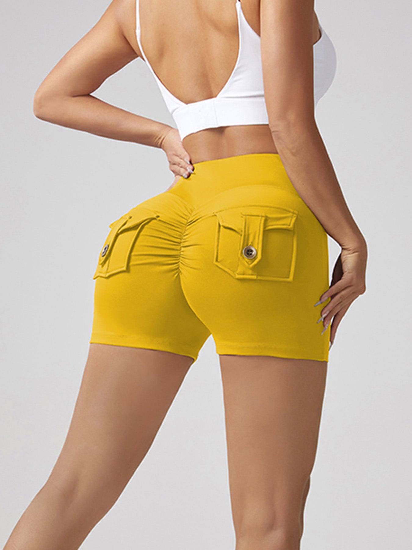 V‑Waist Women’s Workout Shorts – Stretch Pocket Button Peach‑Hip Fit