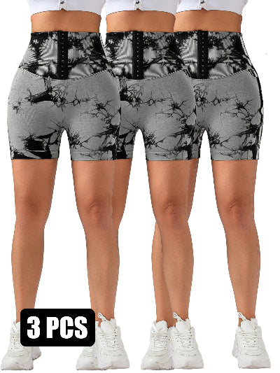 3 Pack-Tie Dye Lifting High Waist Skinny Stretch Gym Shorts