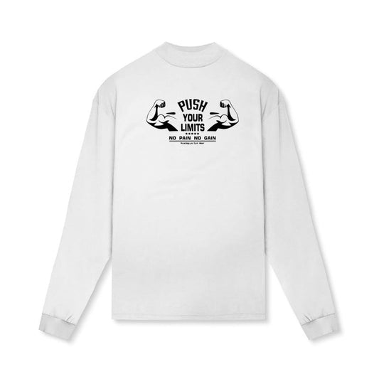 Youth Muscle Warrior Workout long sleeve pullover in white and black cotton, loose fit sportswear