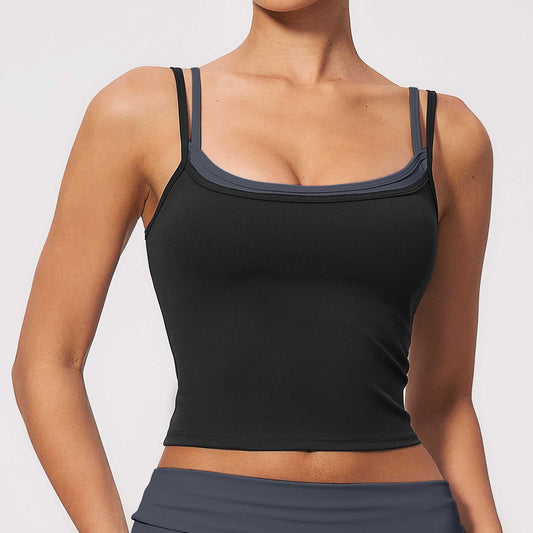 Black and gray color-blocking yoga tank top with double straps and medium cup for women workout wear