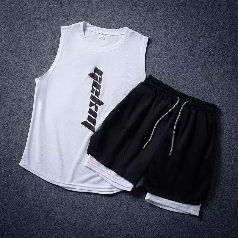 Black and white sleeveless Speed Men's Athletic Shorts and vest workout clothes set