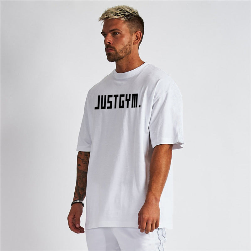 White Muscle Men's Loose Workout Short Sleeve Cotton T-shirt with letter pattern for summer sports