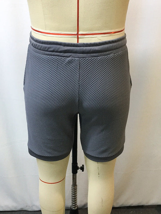 Gray men's sports workout shorts made of polyester fiber with straight fit and casual style