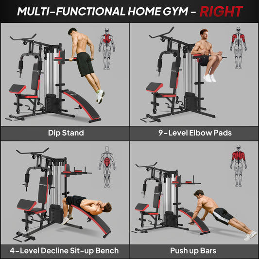 SPORTNOW Multi Gym Workout Station, Weight Machine With 65kg Weight Stack, Sit Up Bench, Push Up Stand, Dip Station