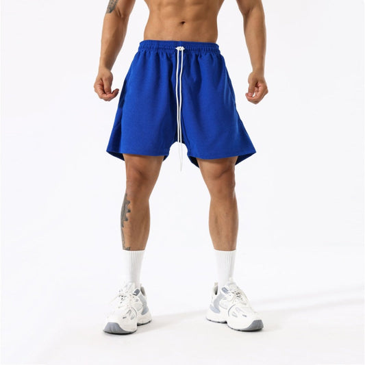 Men's fashion breathable workout shorts in blue, beige, grey, and black with moisture-wicking polyester fabric and mid-waist design.