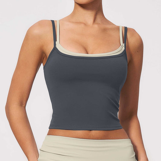 Color-blocking yoga tank top for women with fixed double straps and medium cup full-coverage design