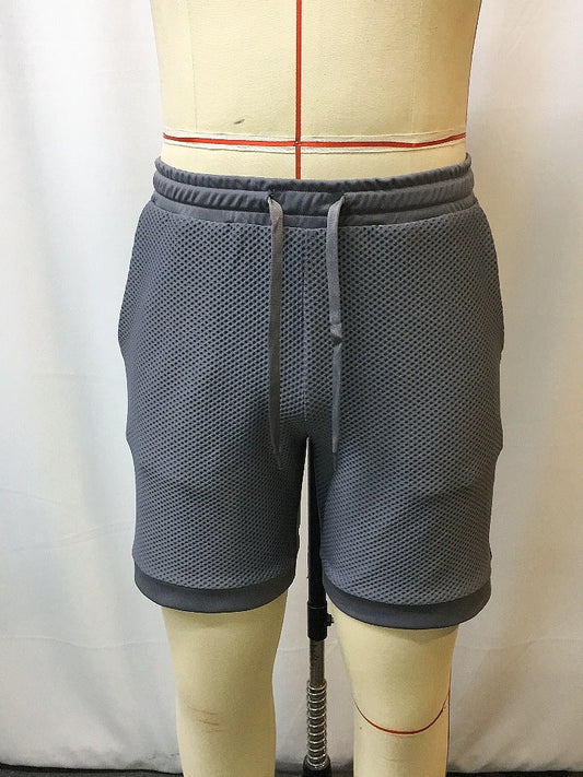 Gray men's sports workout polyester shorts with straight fit in various sizes