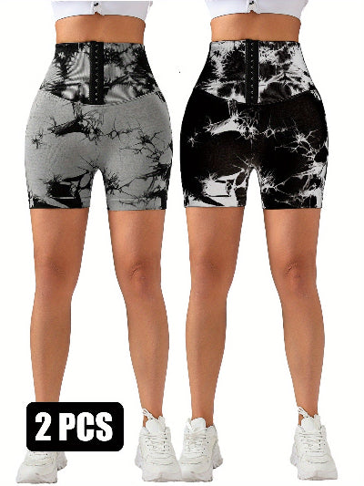 2 Pack-Tie Dye Lifting High Waist Skinny Stretch Gym Shorts