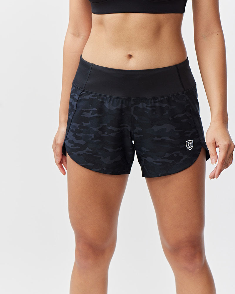 Excel Sculpt Performance Shorts in black camo, designed for confident movement and optimal performance.