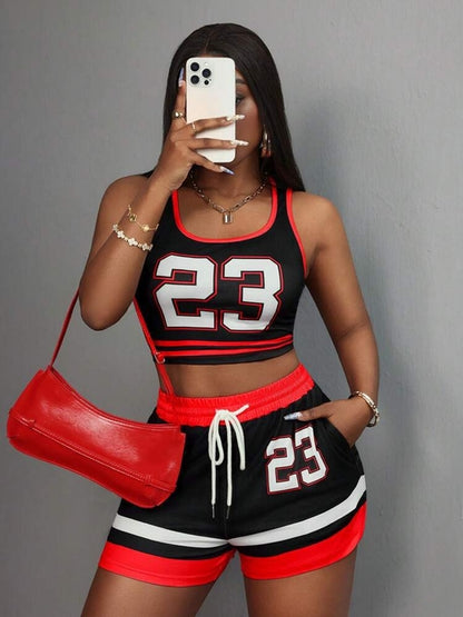 Color Contrast Printed Slim Fit Sexy Sports Vest Short Top Drawstring