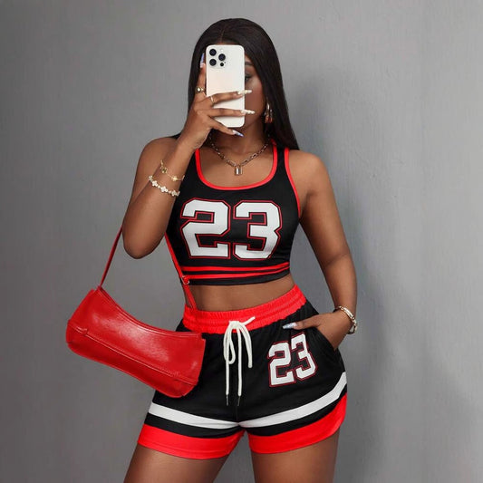 Color Contrast Printed Slim Fit Sexy Sports Vest Short Top Drawstring