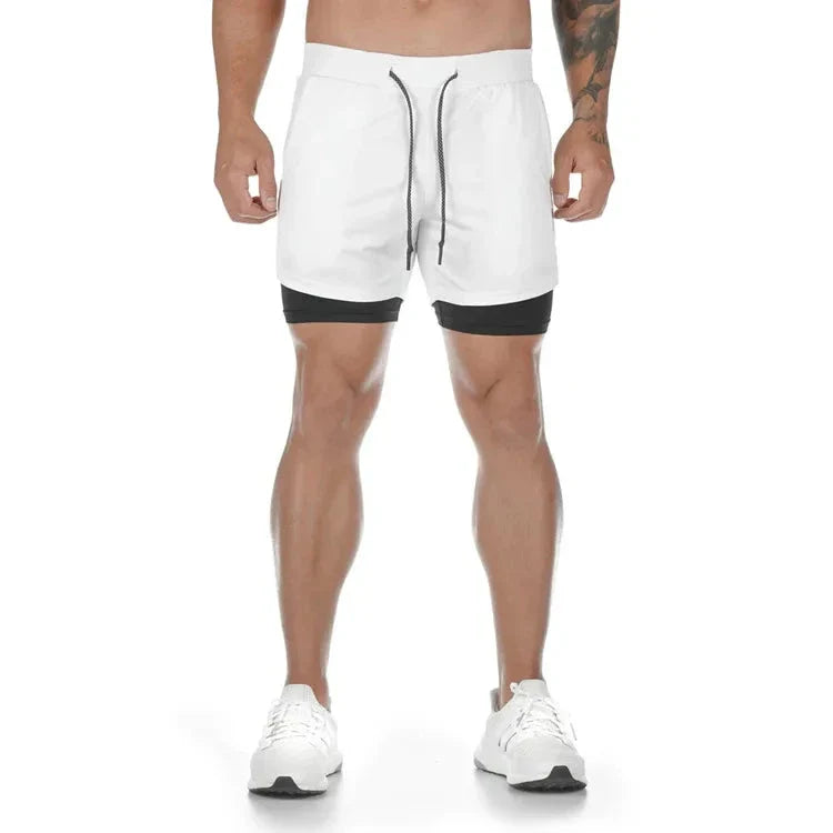 StealthFlex 2-in-1 Performance Training Shorts for men in white with black inner lining, ideal for workouts.