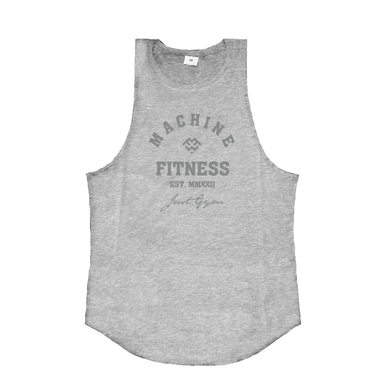 FlexFit Cotton Performance Tank in grey with MACHINE FITNESS logo for versatile workout wear.