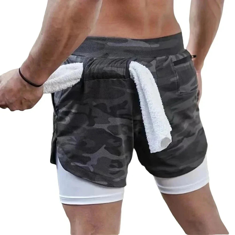 StealthFlex 2-in-1 Performance Training Shorts with towel in back pocket, ideal for active training sessions.