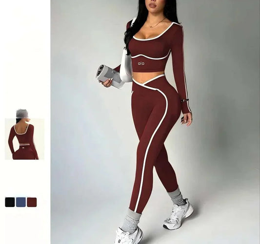 Woman wearing 2026 Colorblock V-Waist Yoga Set with long-sleeve top and high-rise leggings in colorblocked design for yoga and workouts