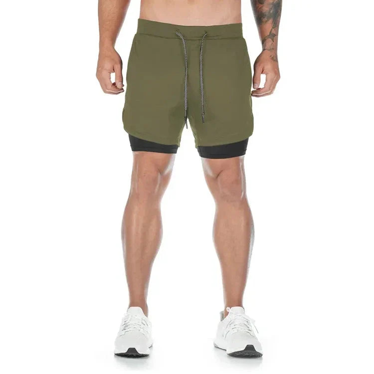Men wearing StealthFlex 2-in-1 Performance Training Shorts in olive green.