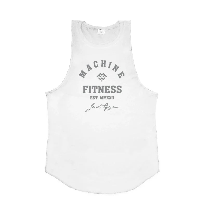 FlexFit Cotton Performance Tank in white with machine fitness logo for comfort and unrestricted movement during workouts.