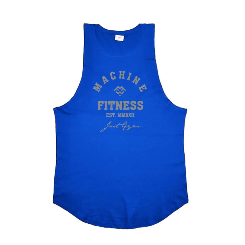 FlexFit Cotton Performance Tank in blue for men, featuring sleeveless design perfect for workouts.