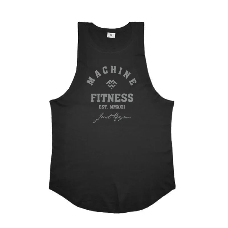 FlexFit Cotton Performance Tank in black with bold 'Machine Fitness' graphic for active workouts.