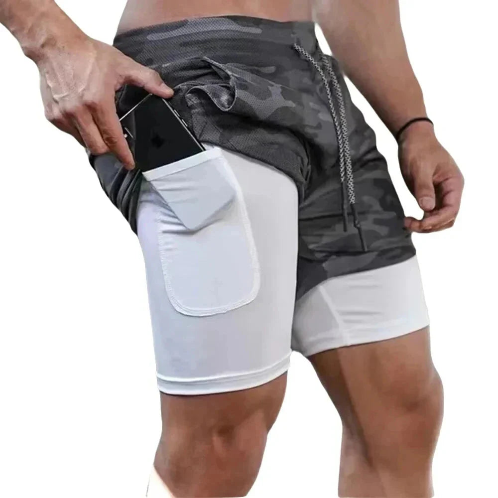 Man wearing StealthFlex 2-in-1 Performance Training Shorts with a phone pocket.