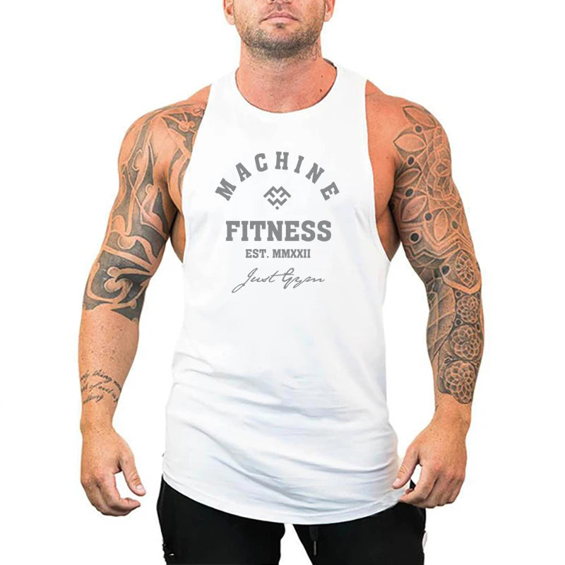 FlexFit cotton performance tank worn by a muscular man showcasing comfort and style during a workout.
