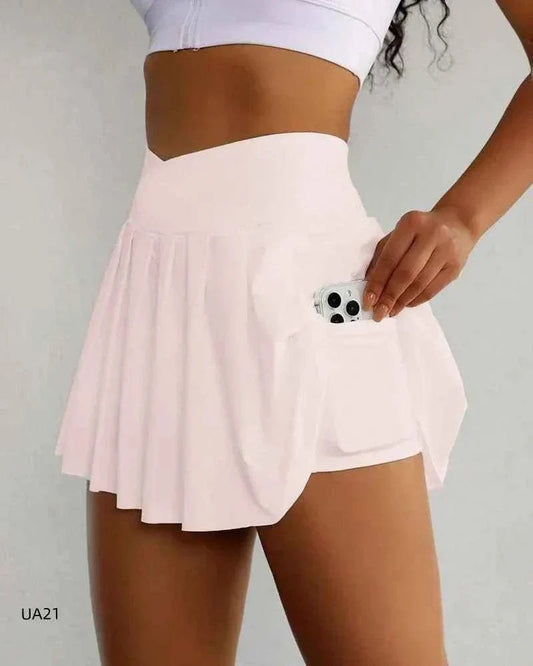 Women's 2-in-1 flowy athletic skirt shorts with built-in liner and stretchy waistband for activewear use
