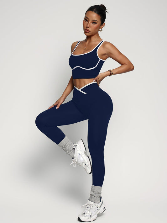 Women's workout outfit set with sports bra, tank top, and high waist yoga pants in various colors and sizes