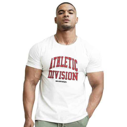 Men wearing trendy workout short sleeve t-shirt in black and white colors