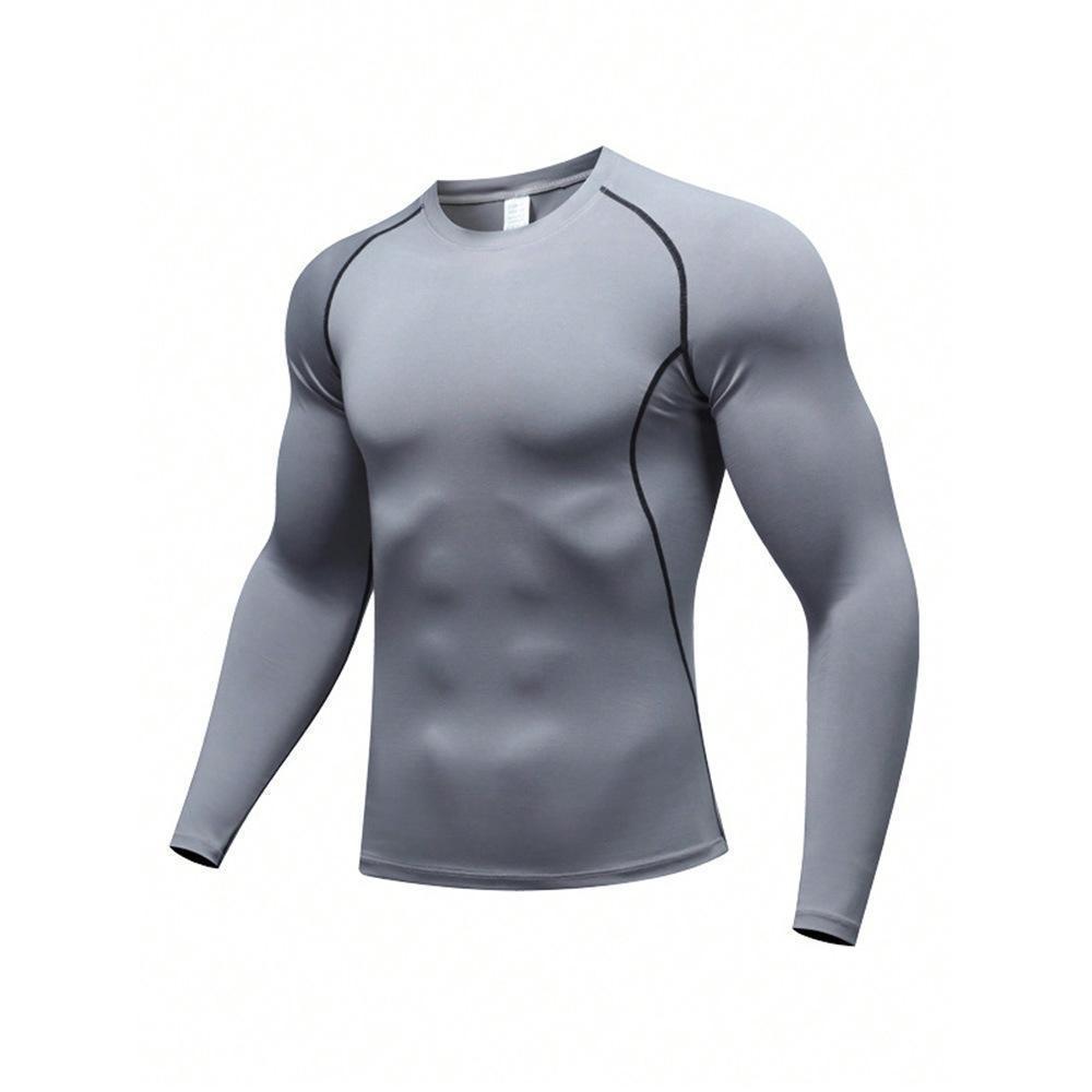 Men's long-sleeve muscle-fit athletic workout polyester T-shirt in black and gray colors