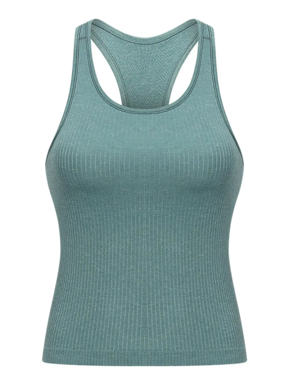 Flat lay of aqua racerback tank emphasizing fabric texture