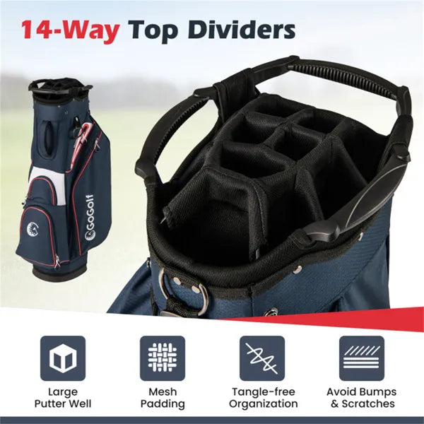 Golf Cart Bag with 14‑Way Top and Cooler Pocket – Navy/Red
