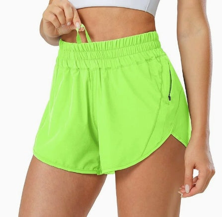 Women 3 inch athletic shorts with high waist, breathable quick-dry fabric, adjustable drawstring, curved split hem, and zipper pocket for running and yoga