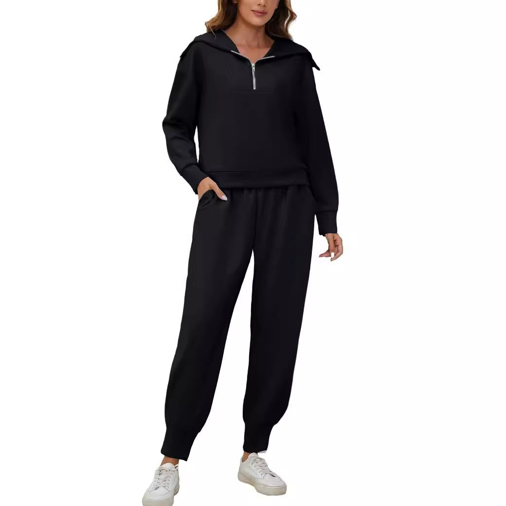 Urban Lounge 2-Piece Set – Long-Sleeve Lapel Top & High-Waist Pants
