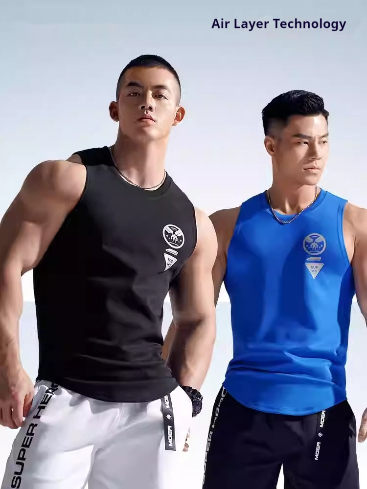 Two models wearing black and blue MoLiFang bouncy air-layer vests